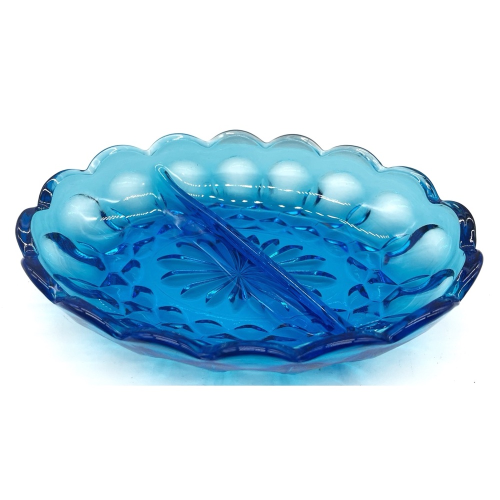 ANCHOR HOCKING FAIRFIELD LASER BLUE DIVIDED RELISH DISH MID CENTURY MCM OVAL